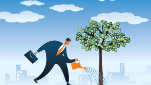 A Man Watering A Tree that Bears Money As Fruit