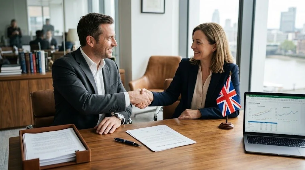 Business partnership agreement meeting in the UK