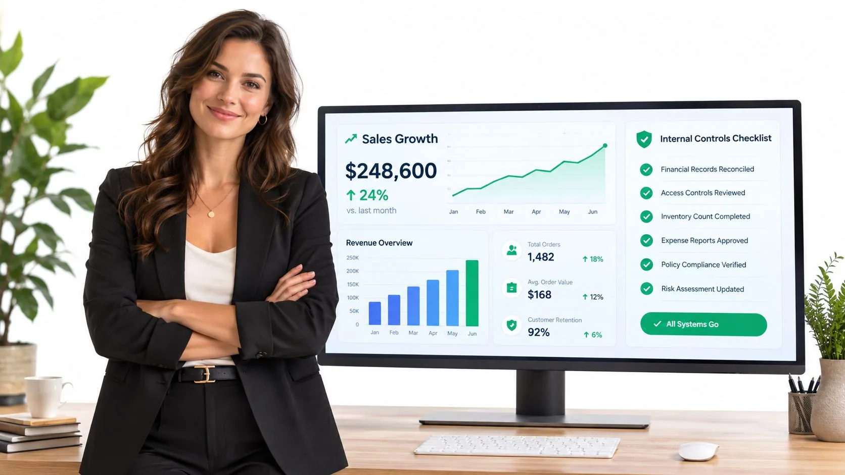 A professional businesswoman standing beside a computer monitor displaying sales growth data and an internal controls checklist.