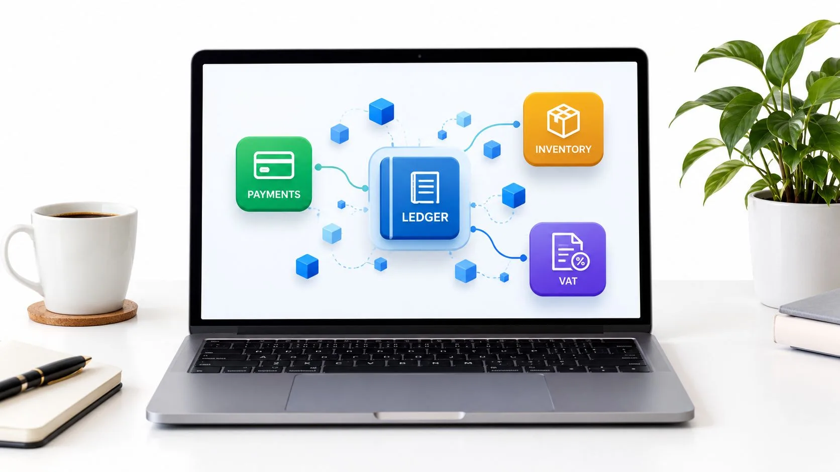 A laptop on a desk displaying an accounting software dashboard with icons for payments, inventory, and VAT.