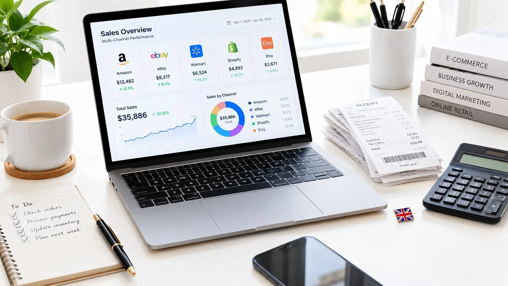 A modern workspace with a laptop displaying sales analytics, receipts, a calculator, and a notebook on a desk.