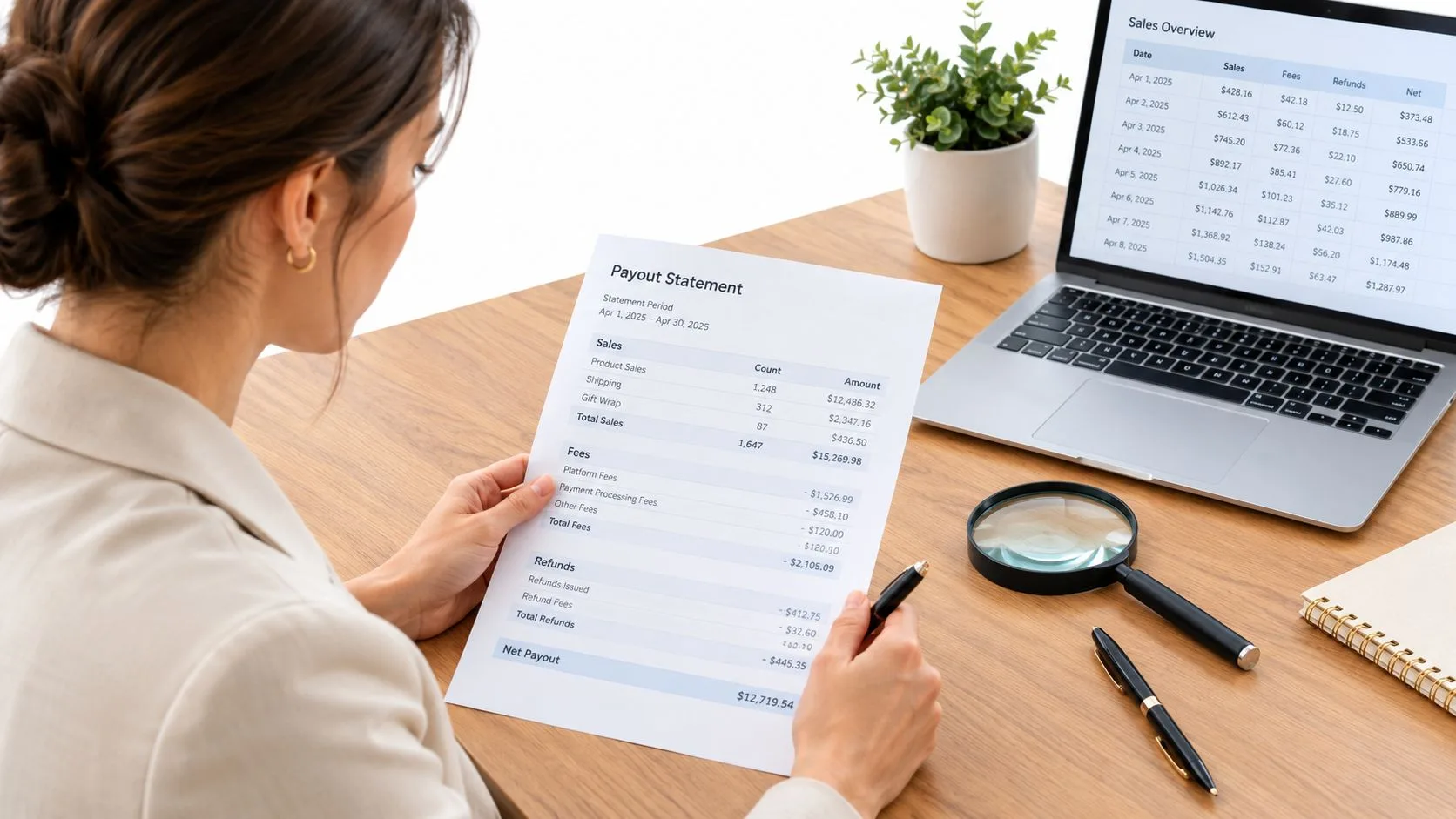 A professional woman reviews a payout statement for e-commerce sales while working at her desk with a laptop.