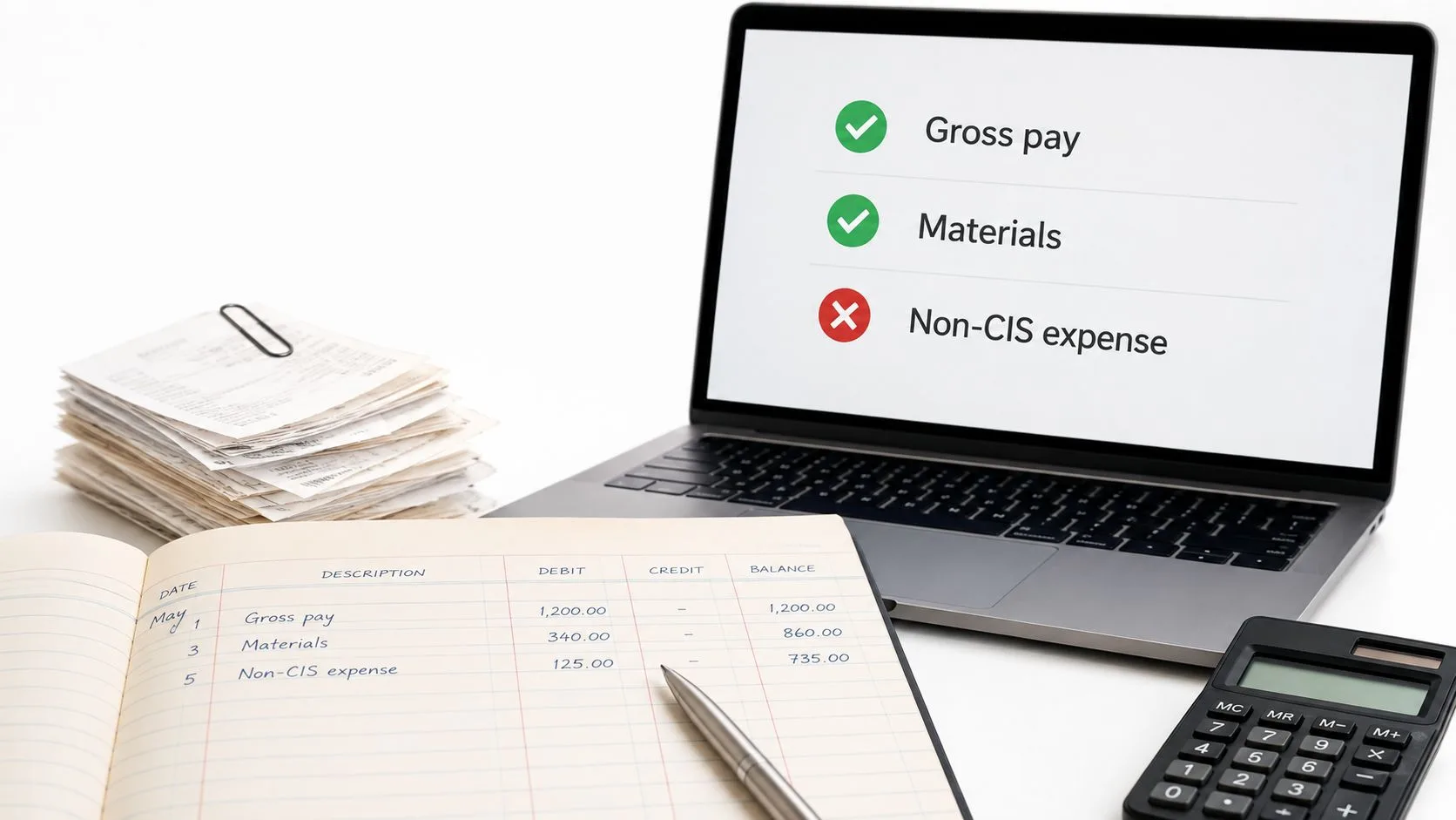A laptop, a ledger with accounting entries, and a stack of receipts for CIS monthly return calculations.