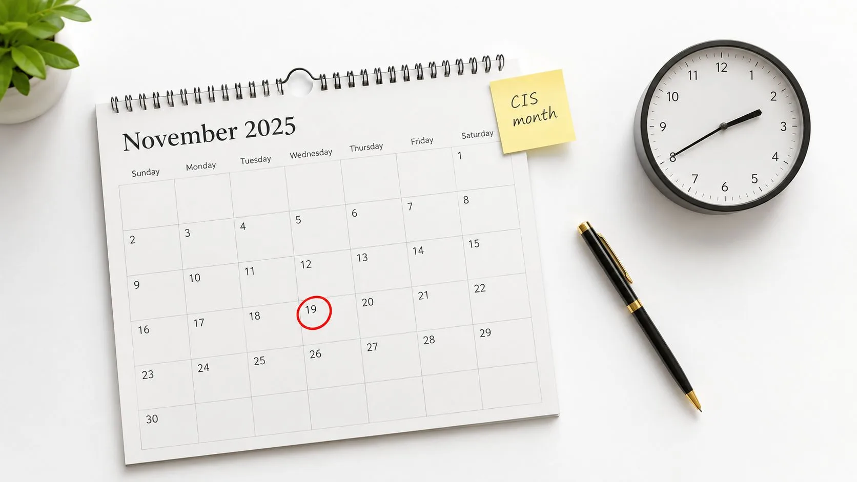 A 2025 November calendar showing the nineteenth marked with a red circle on a white desk.