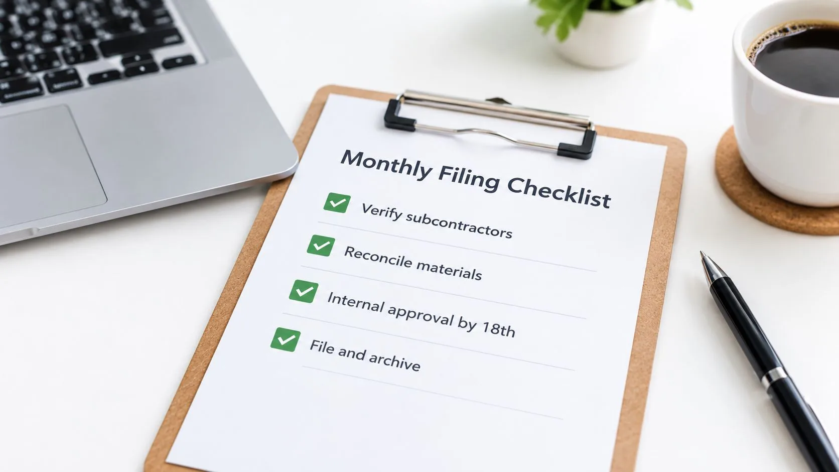 A monthly filing checklist on a wooden clipboard next to a laptop, a pen, and coffee.