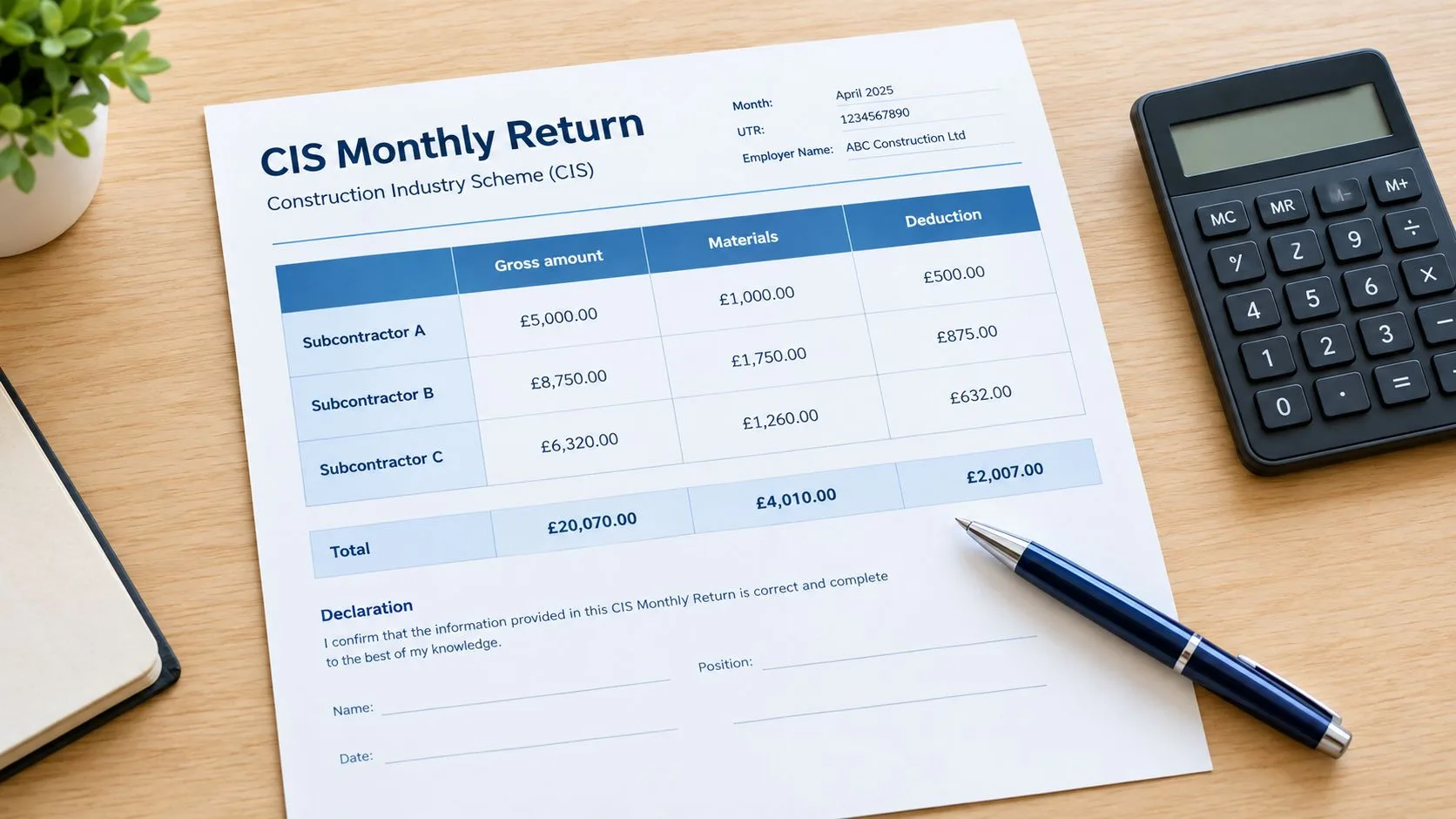 A document titled CIS Monthly Return on a wooden desk with a calculator and pen.