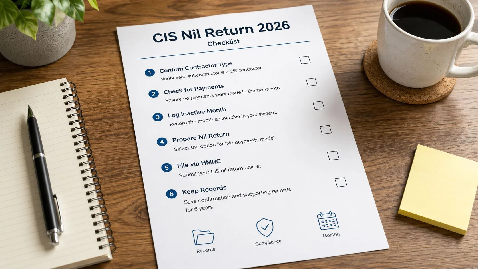 A printed checklist for a CIS Nil Return 2026 on a wooden desk with office stationery.