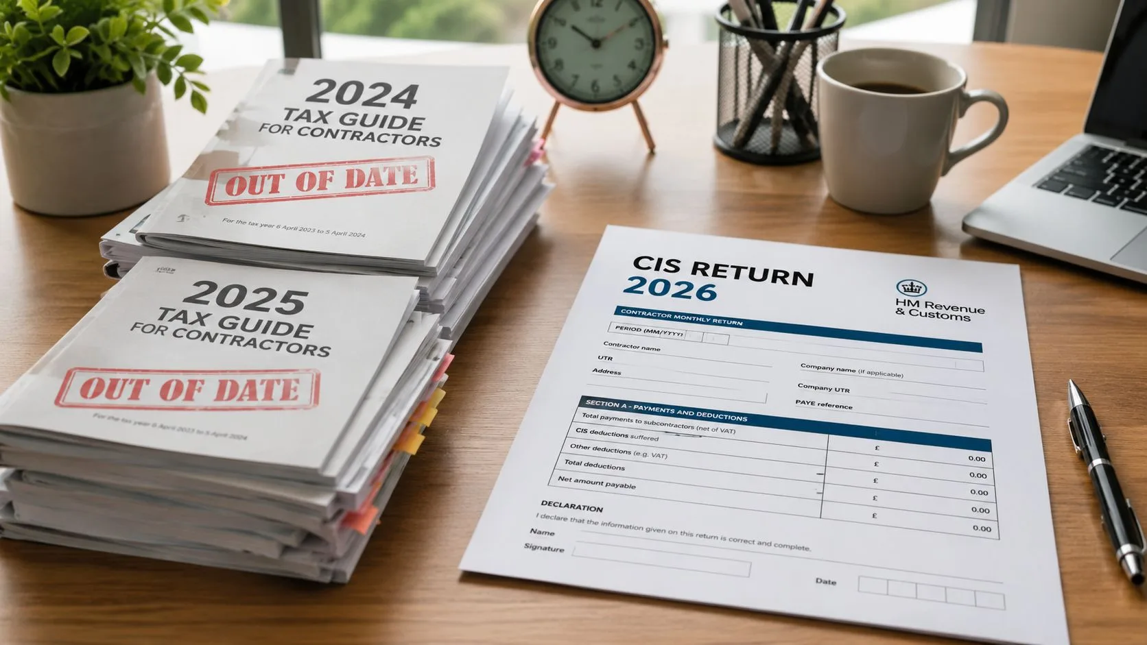 Stacks of outdated contractor tax guides next to a current 2026 CIS return form on a desk.