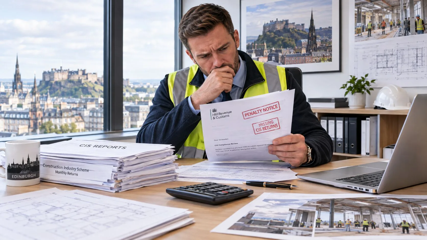 A concerned construction project manager sitting at an office desk while reviewing a tax penalty notice document.