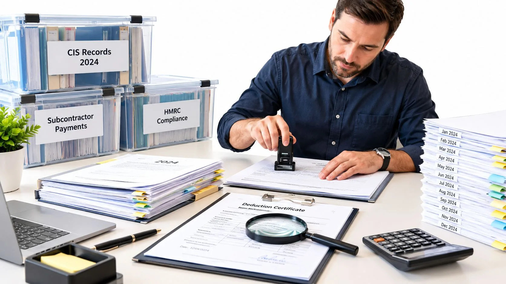 A professional man at a desk stamping a document titled Deduction Certificate for HMRC CIS compliance.