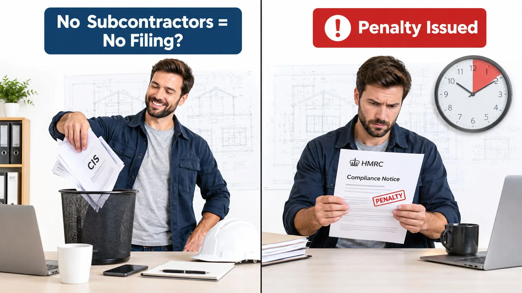 A man discards CIS documents on the left and receives an HMRC tax penalty notice on the right.