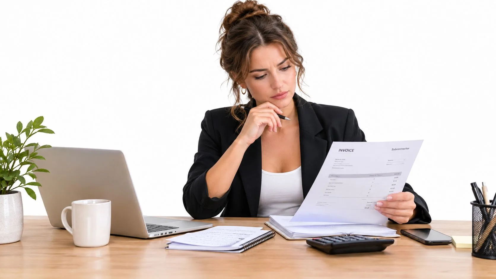 A professional woman in a business suit reviewing financial invoice documents at her organized office desk.