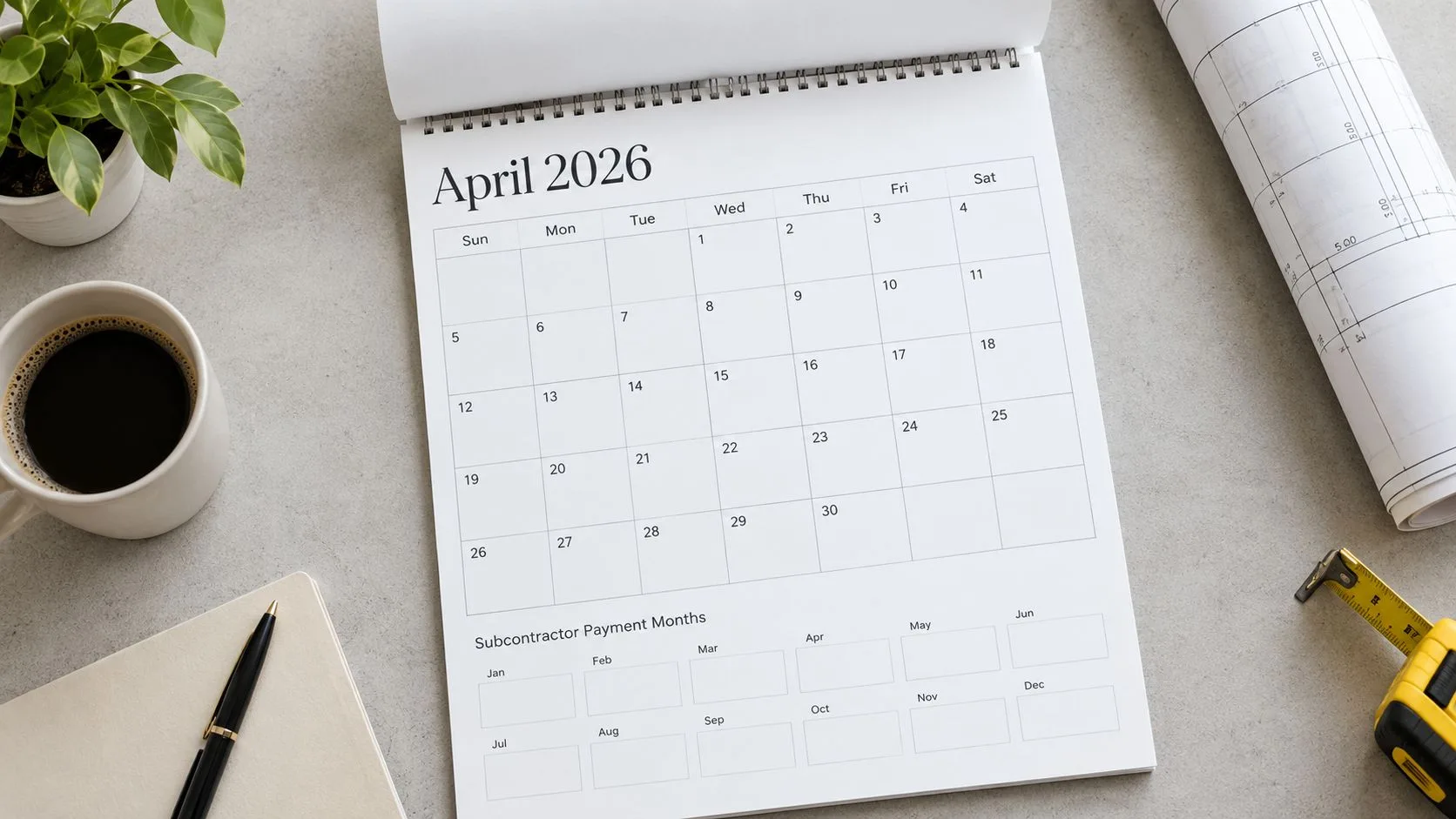 A high-angle view of an April 2026 calendar on a desk with a coffee mug and tools.