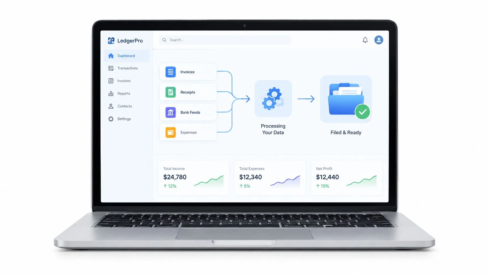 A laptop displaying the LedgerPro dashboard interface with financial data processing, income, expenses, and profit charts.