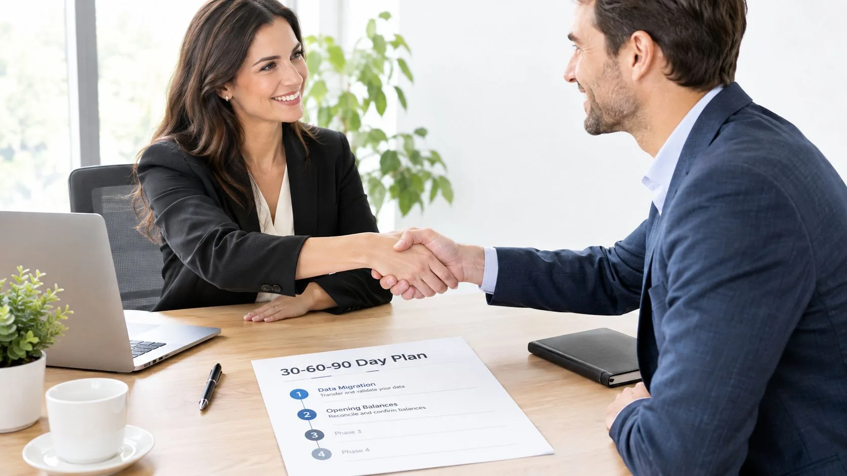 A professional woman and man in suits shaking hands over a 30-60-90 day business plan document.
