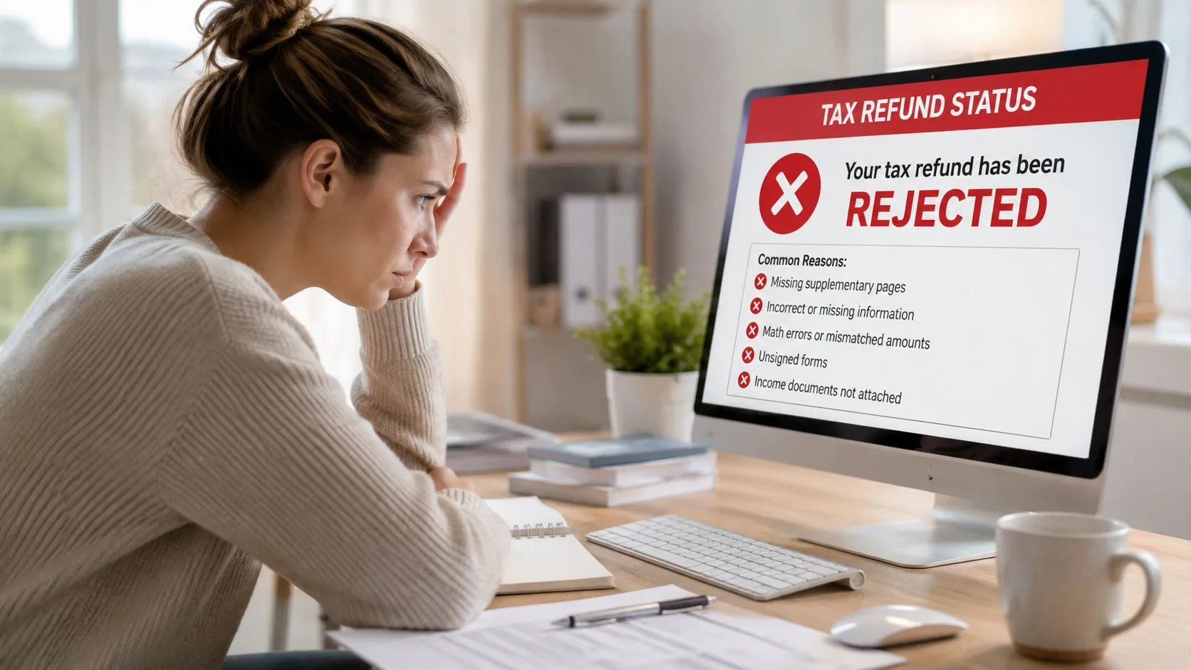 A frustrated woman looking at a computer screen showing a rejected tax refund status notification.