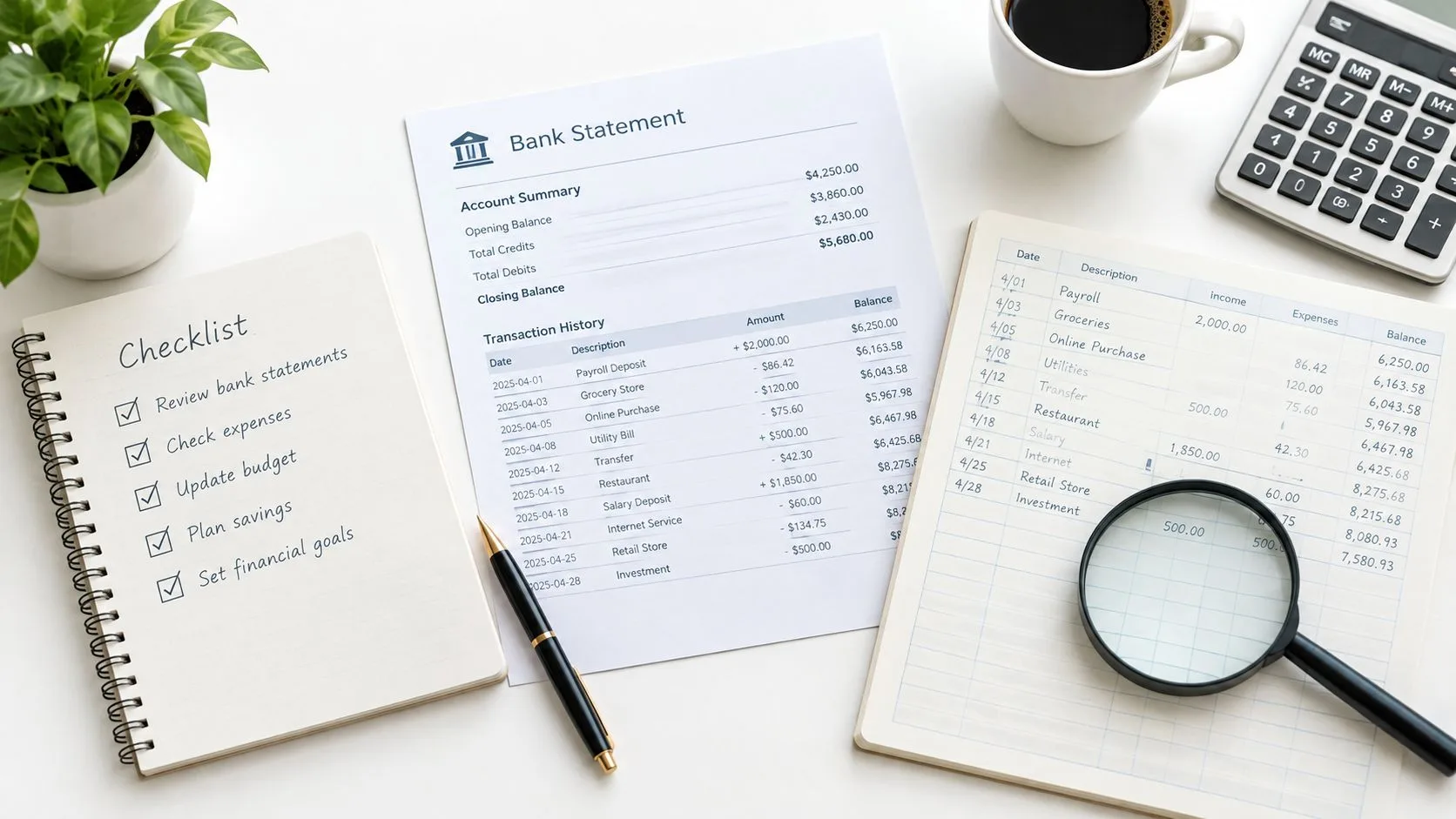 A top-down view of financial planning tools, including a bank statement, checklist, ledger, calculator, and coffee.