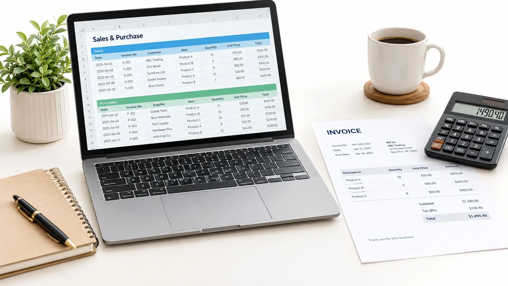 A modern workspace featuring a laptop displaying a spreadsheet, a calculator, a notebook, and an invoice.
