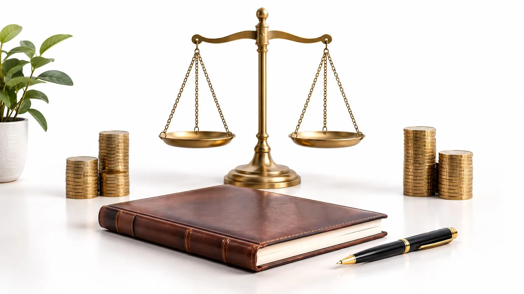 A golden scale of justice resting near stacks of gold coins, a leather-bound book, and a pen.