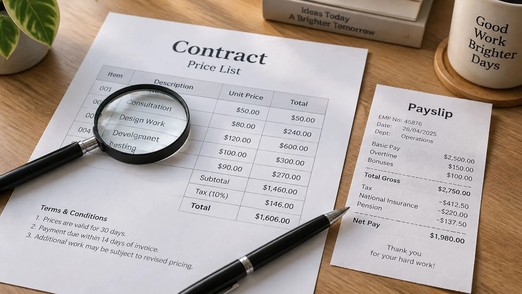 A magnifying glass lies on a business contract next to a detailed employee payslip and pen.