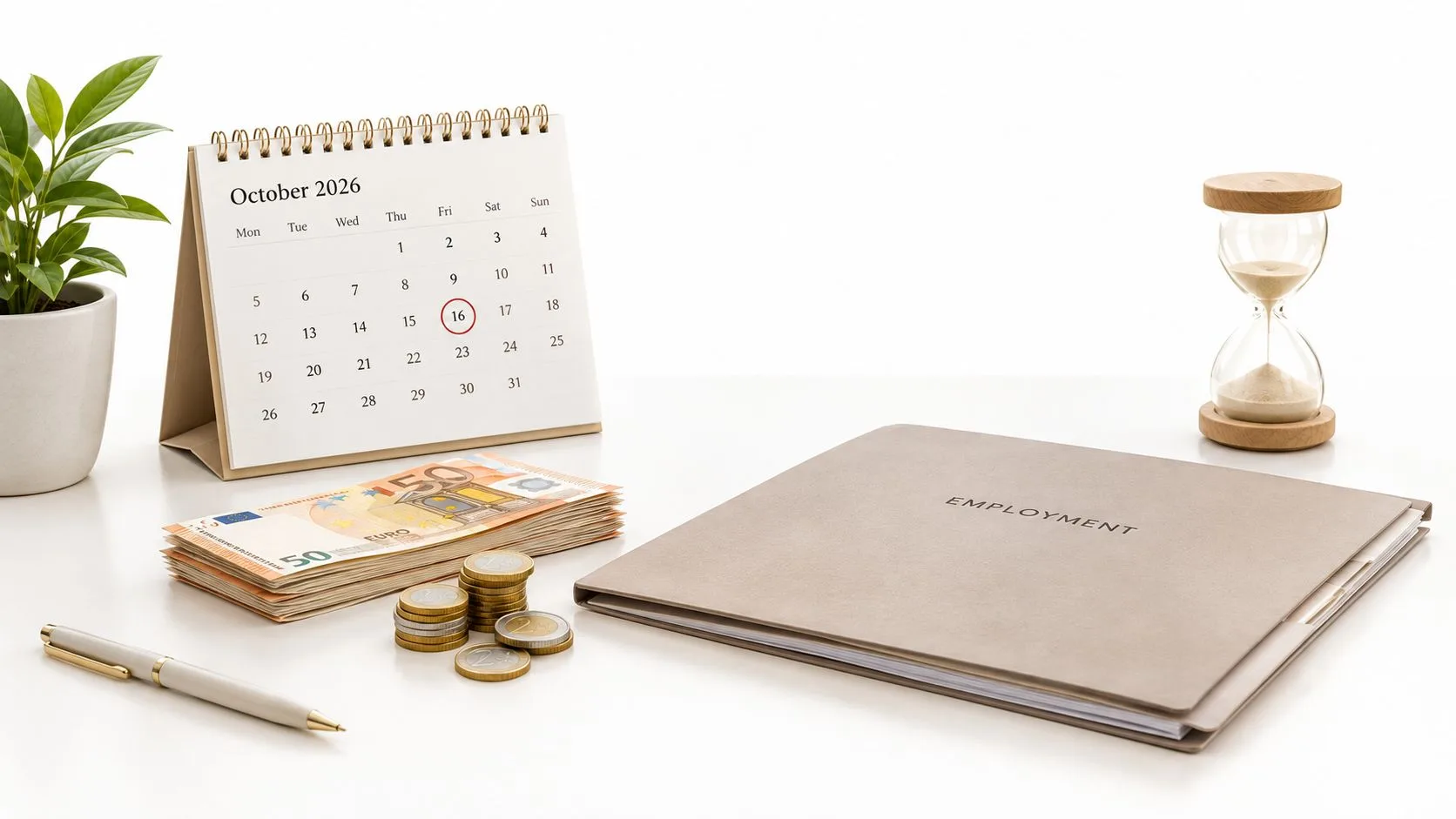 A calendar, cash, coins, and an employment folder on a desk, symbolizing financial aspects of employment.