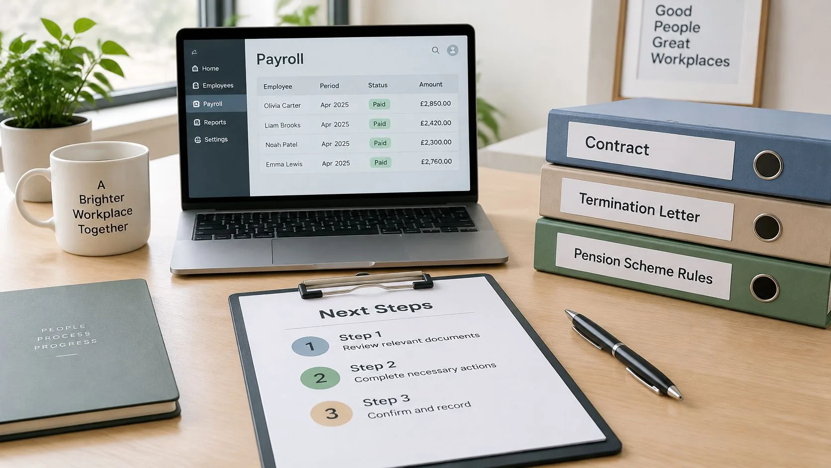 A workspace showing a laptop displaying payroll records next to office folders and a document with next steps.