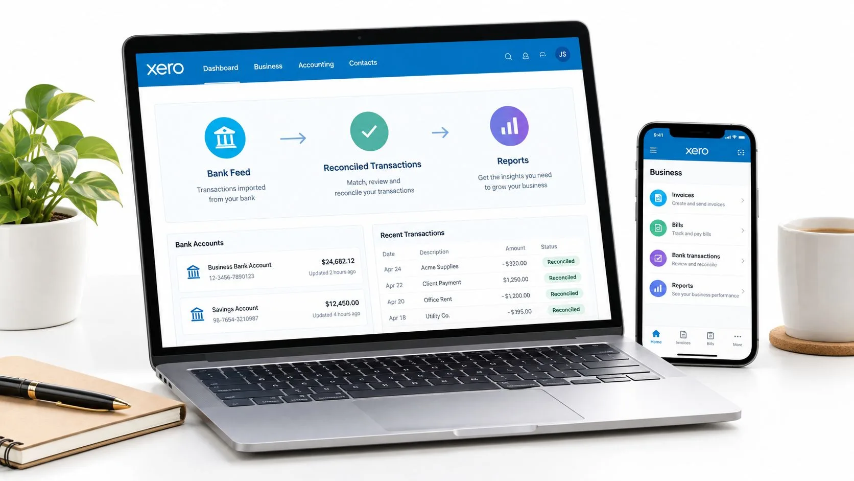 A Xero accounting software interface displayed on a laptop and mobile phone on a desk.