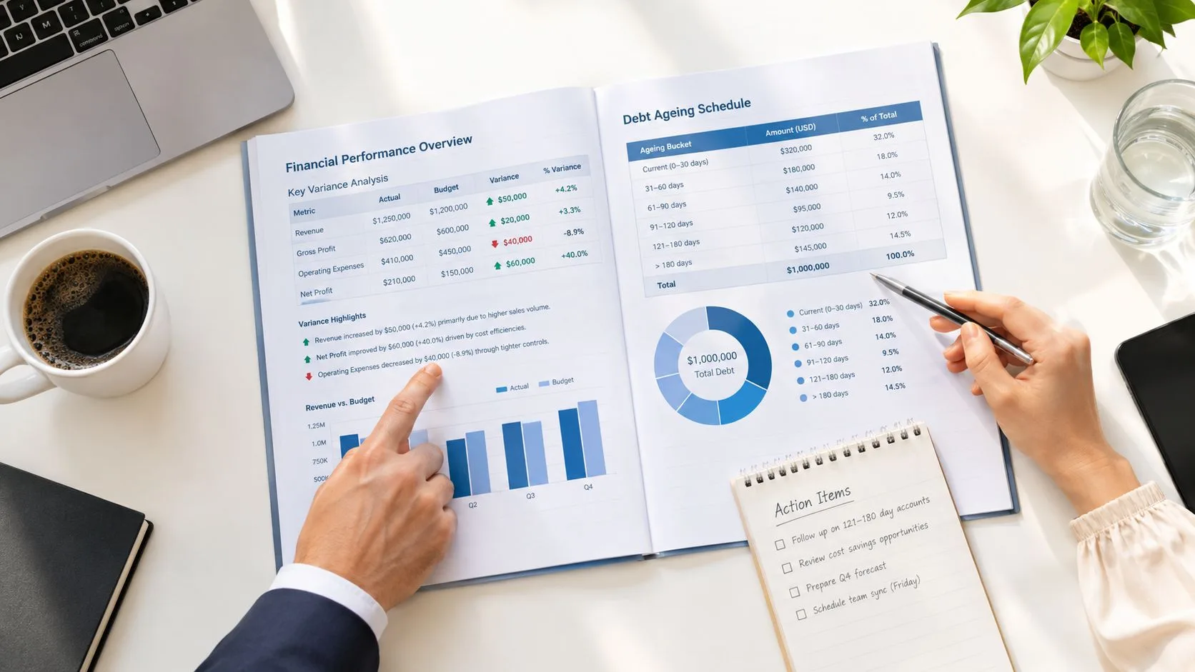 A professional desk workspace showing a financial report, notebook, and a person reviewing key management performance metrics.