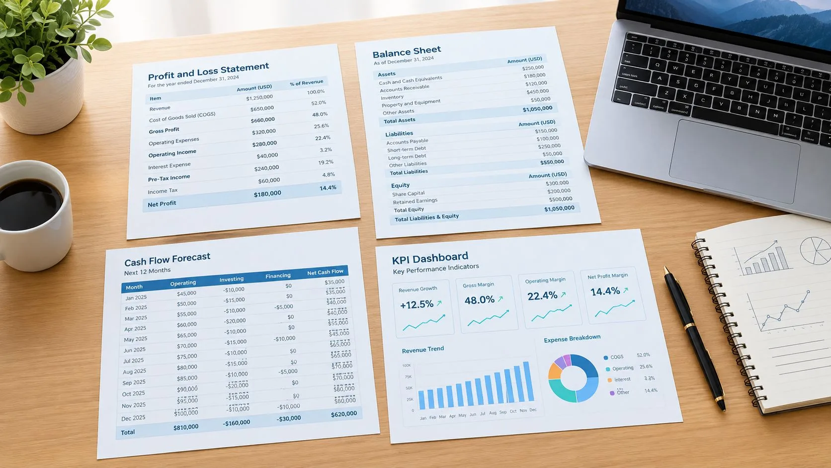 A professional desk setup featuring financial reports, including balance sheets, cash flow forecasts, and a laptop.