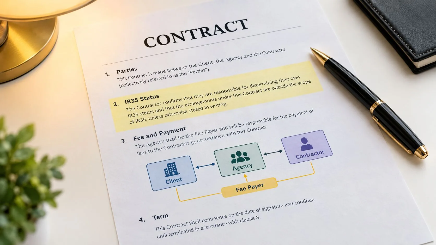 A professional document titled Contract placed on a desk next to a pen and office decorations.
