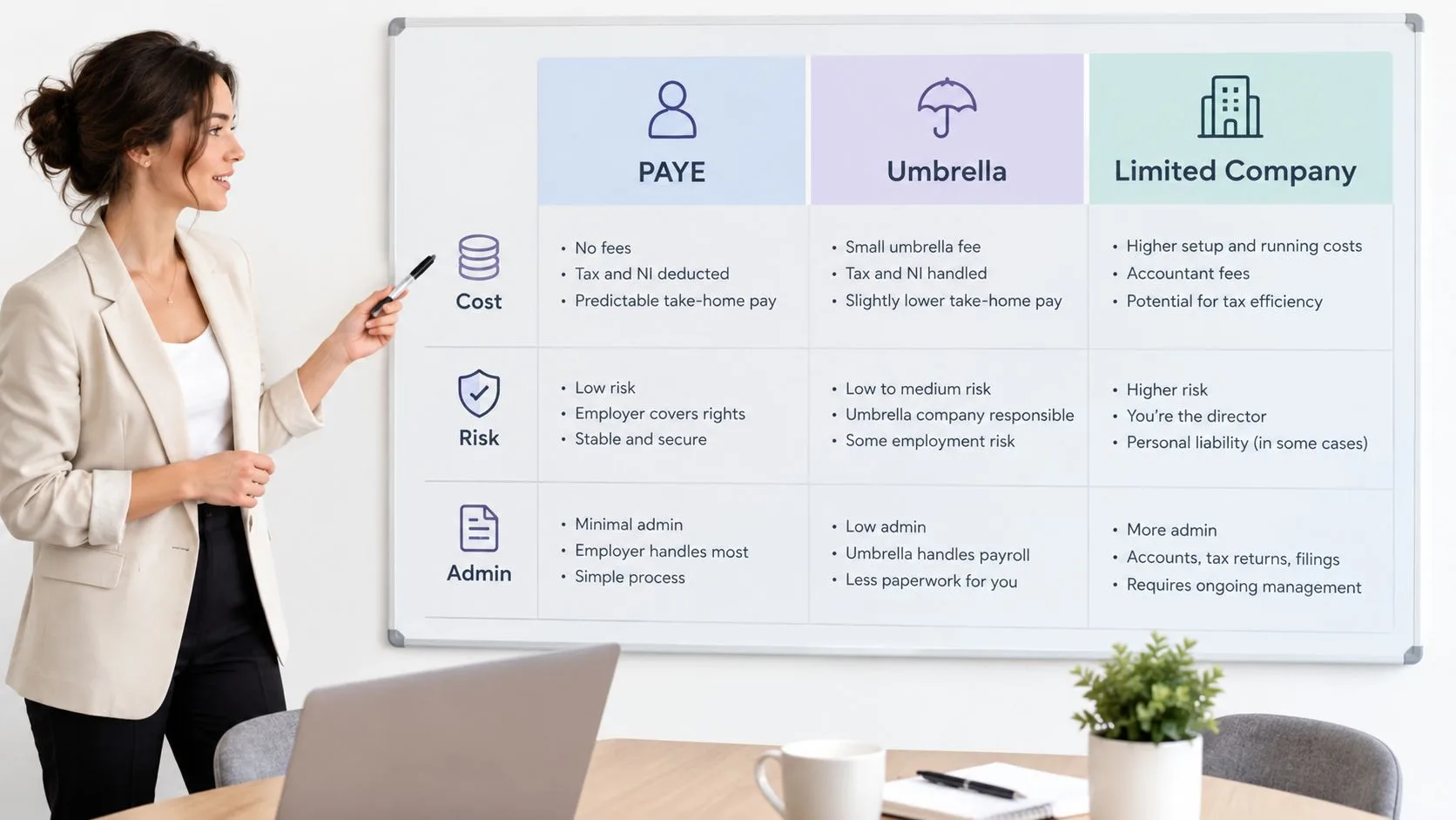 A professional woman presenting a comparison chart of PAYE, Umbrella, and Limited Company employment options on a whiteboard.