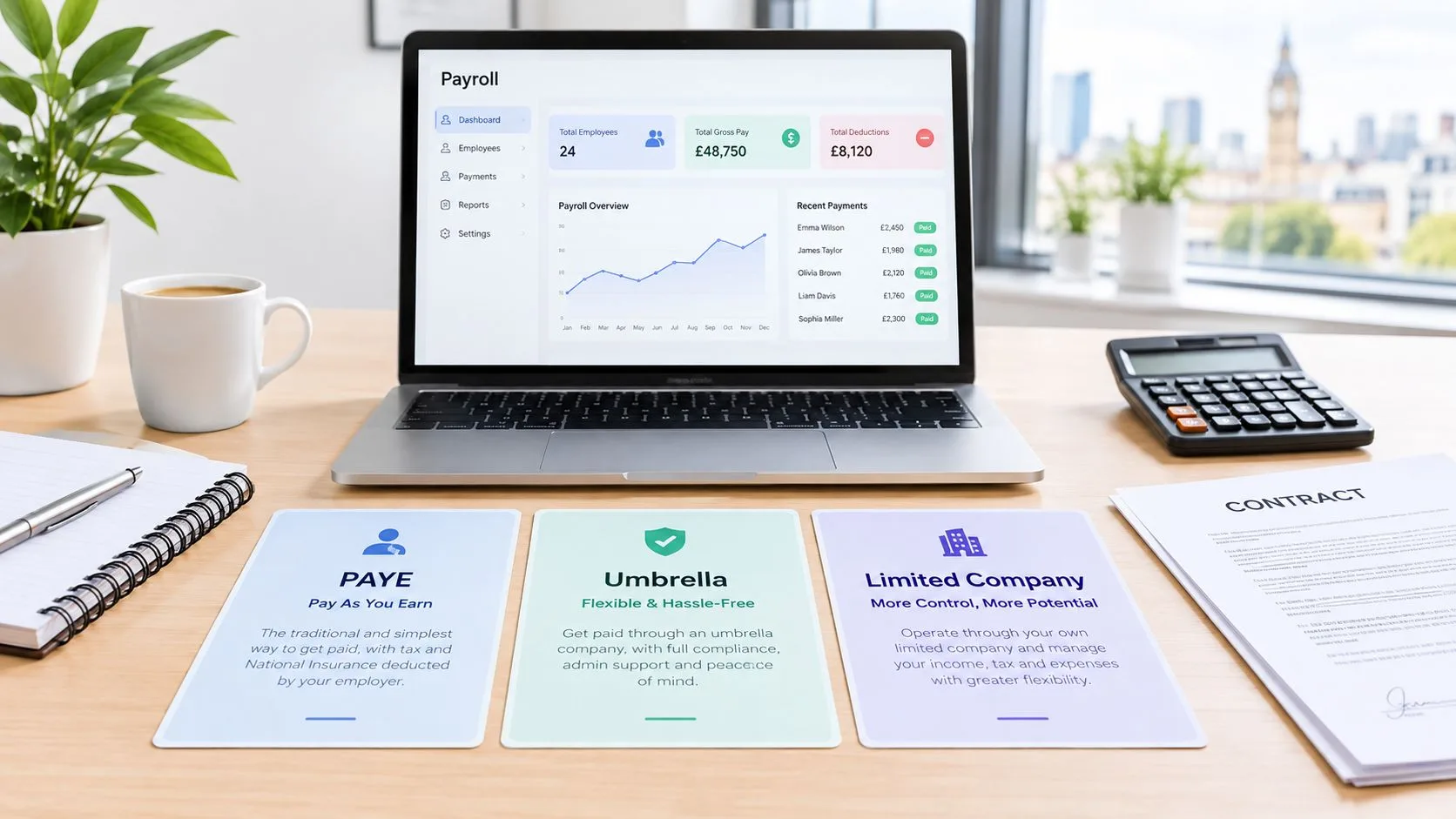 A laptop showing a payroll dashboard sits on a wooden desk with contract documents and payment options.