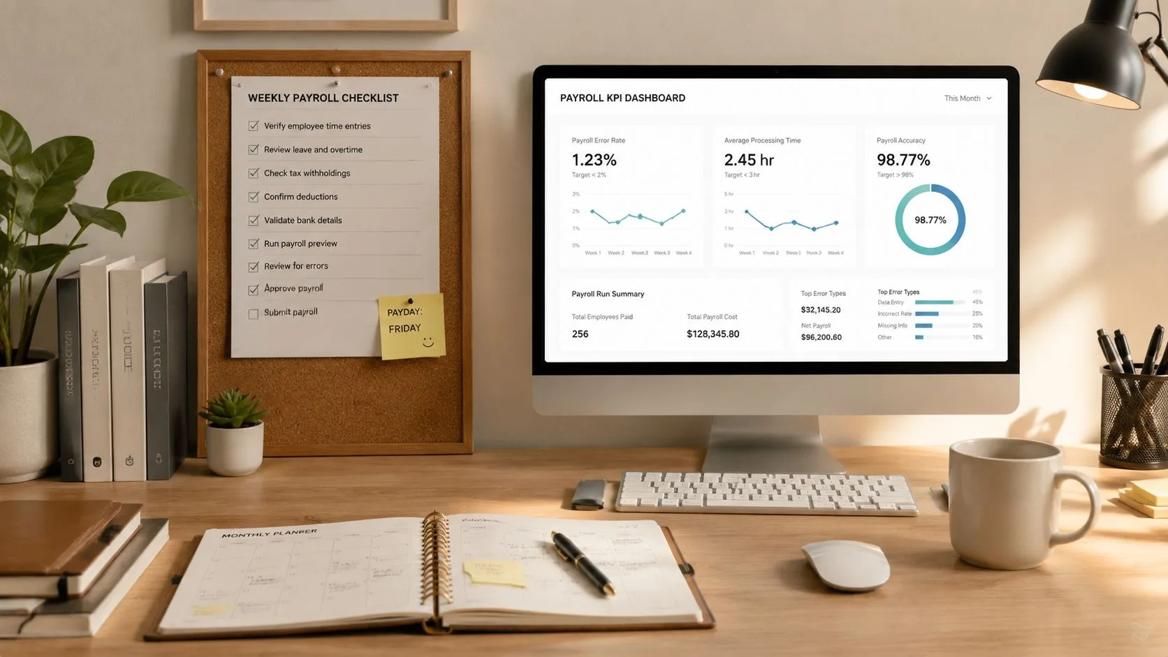 A modern desk workspace featuring a computer screen displaying a payroll KPI dashboard and a checklist.