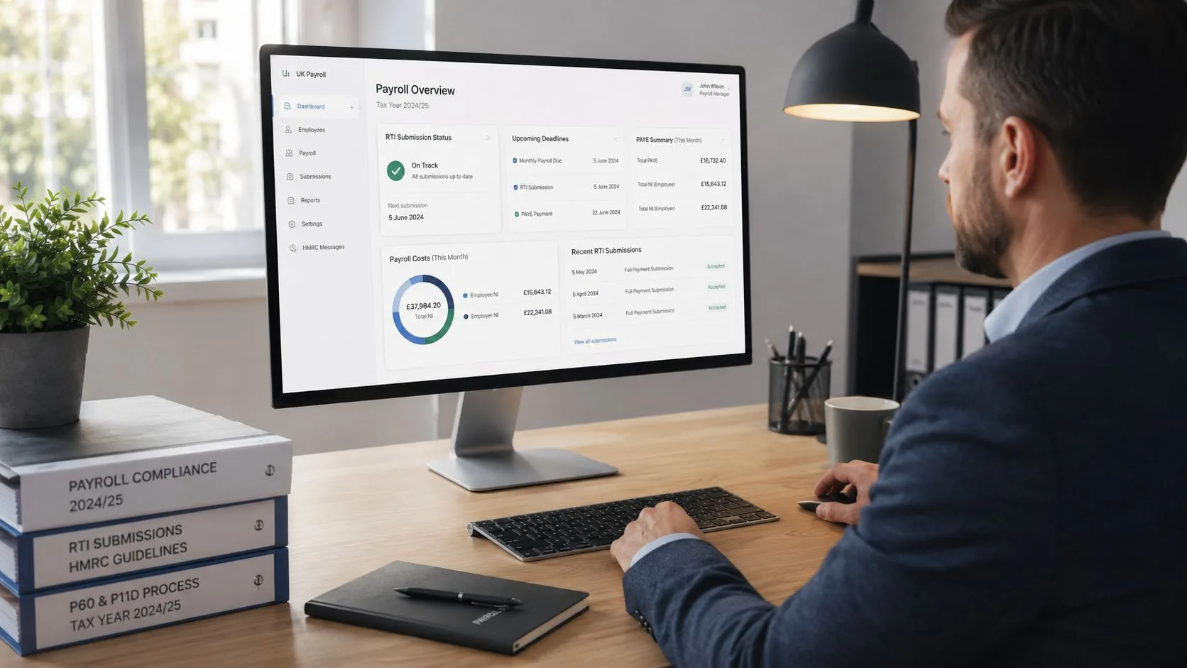 A professional man working on a desktop computer displaying a payroll management software dashboard.