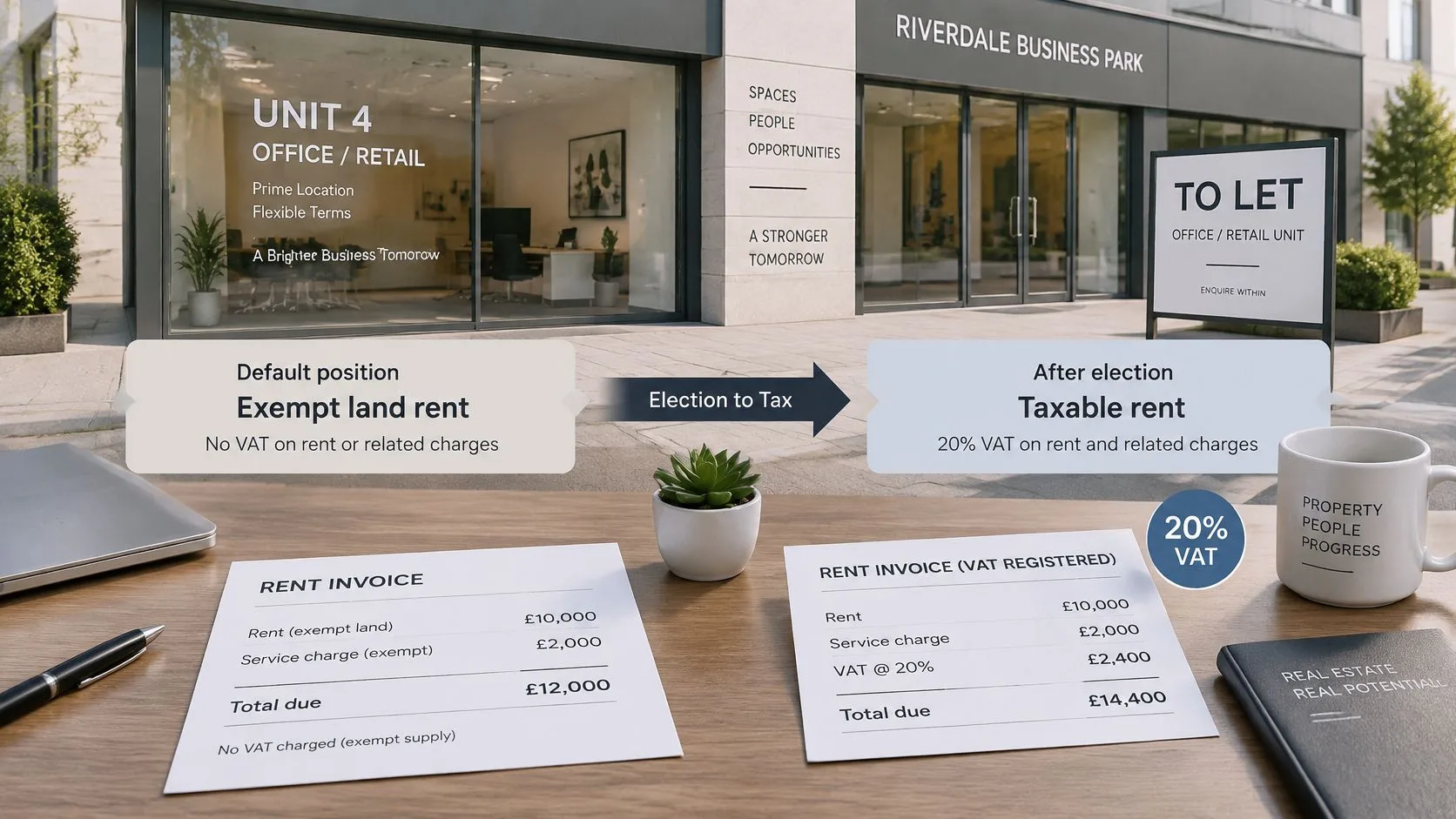 A workspace view showing a rent invoice comparison between exempt land rent and taxable rent with VAT.