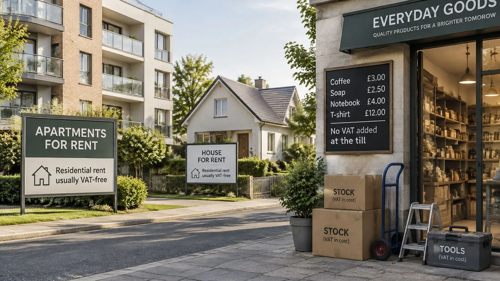 A street scene featuring apartment and house rental signs near a small shop displaying prices and VAT information.