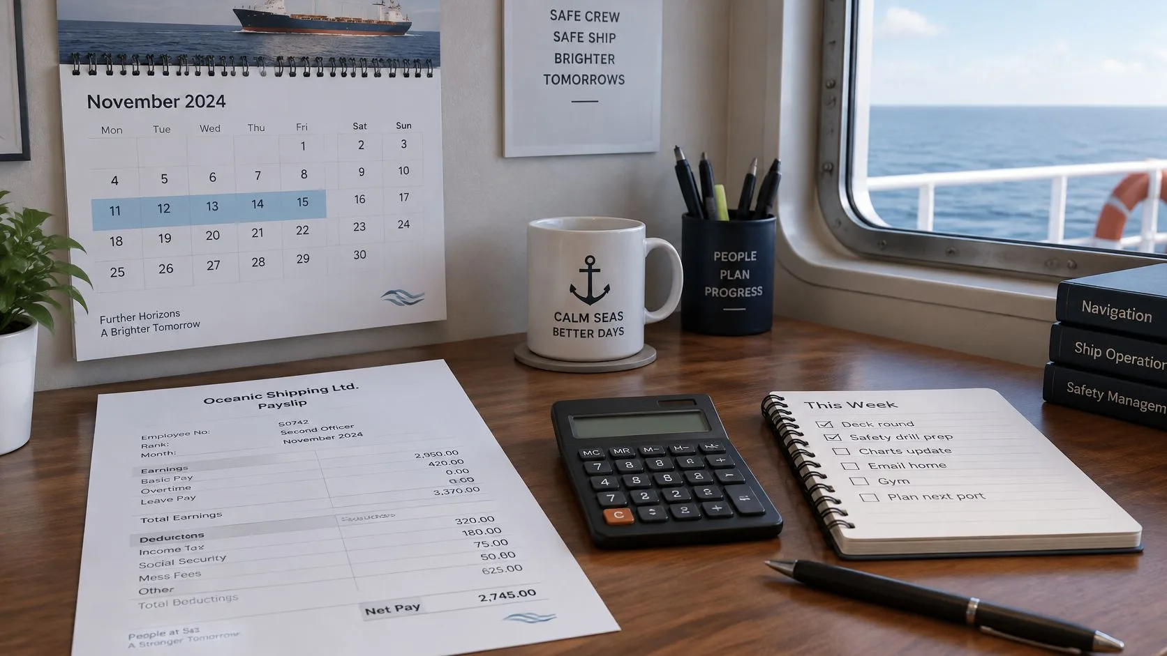 A ship captain's desk with a payslip, a calendar, a calculator, and a checklist by a window.