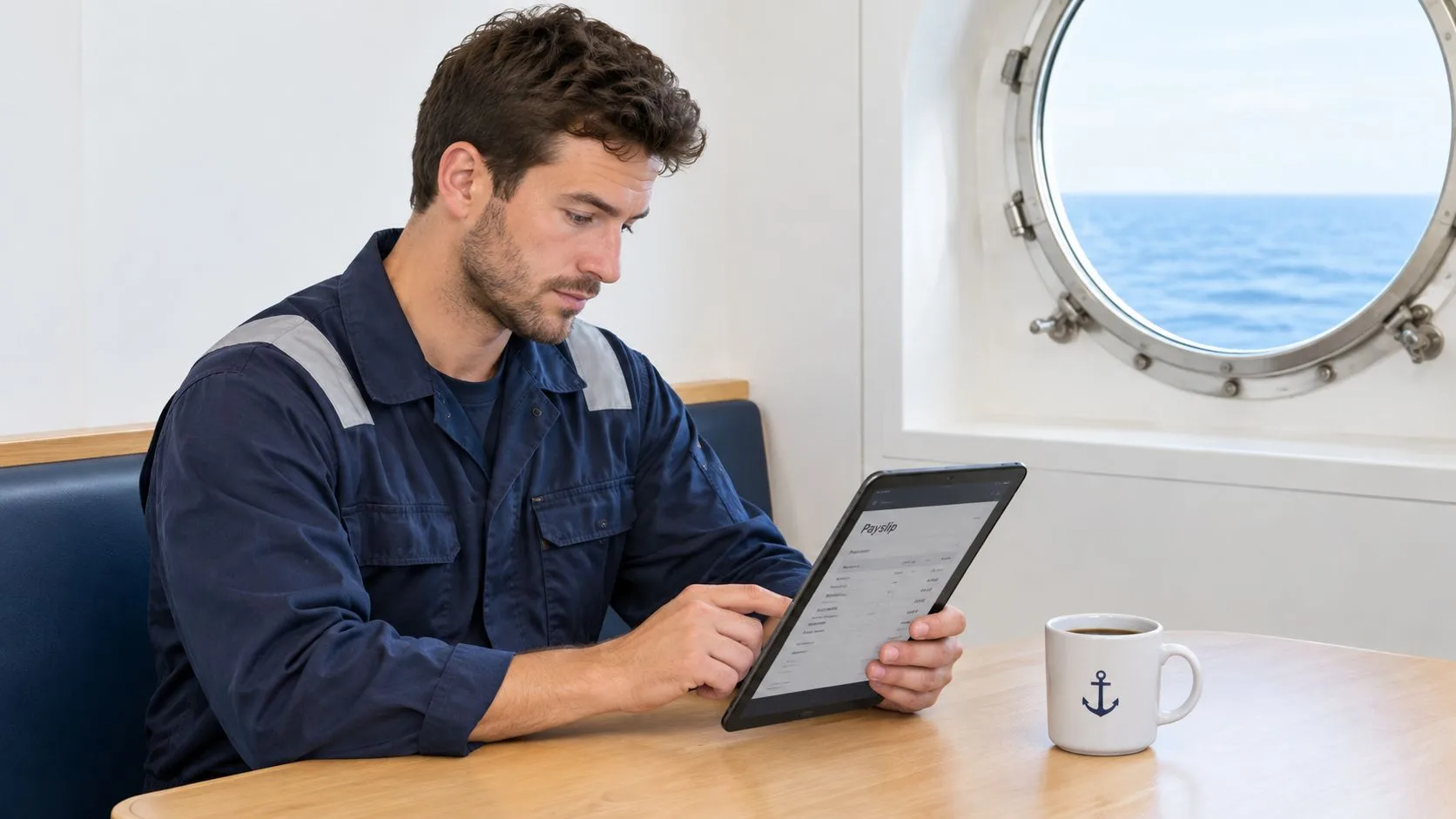 A seafarer in work uniform checking his digital payslip on a tablet at a ship cabin table.
