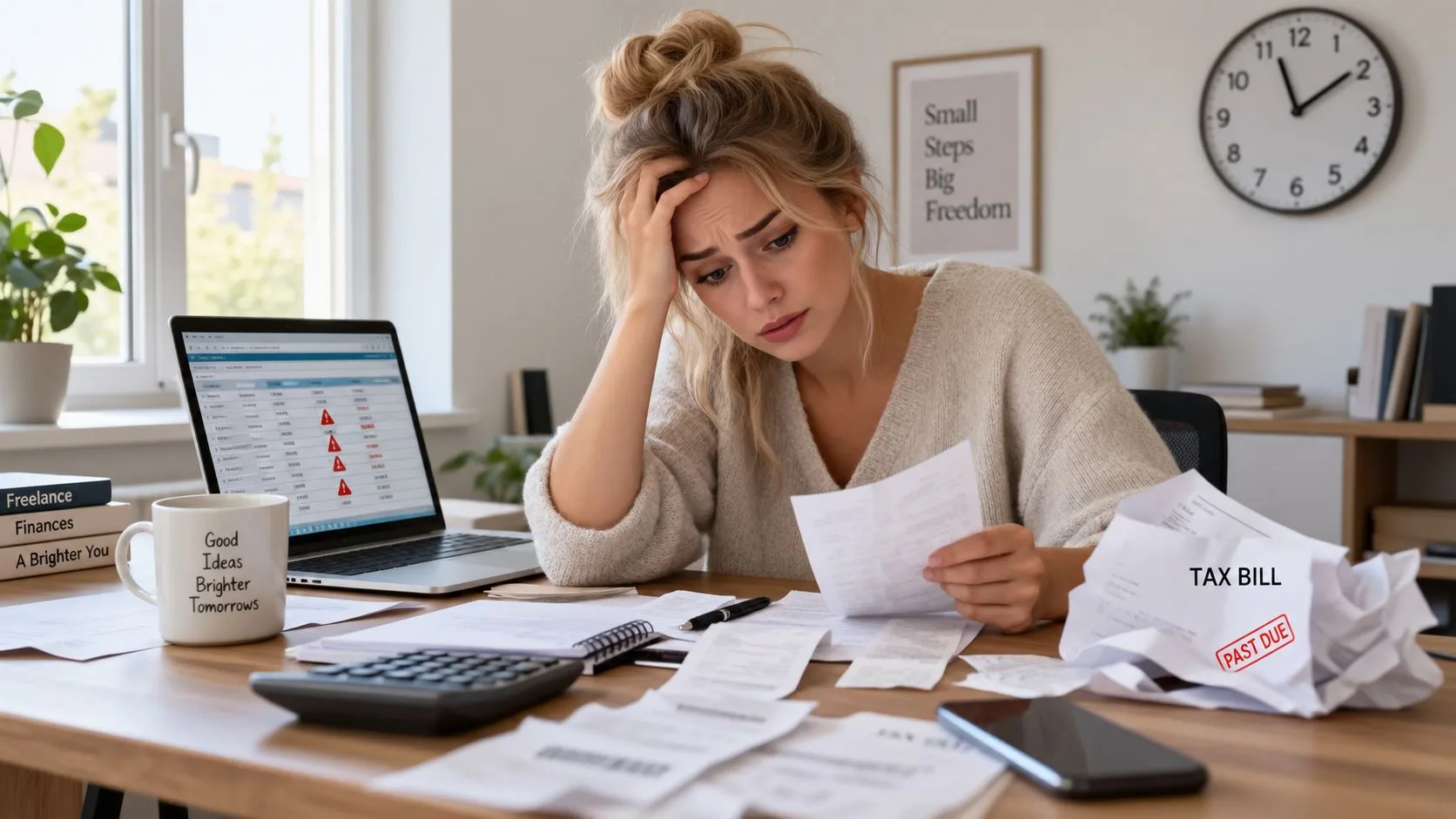 Stressed young woman sitting at a desk with tax bills and a laptop, struggling with bookkeeping.