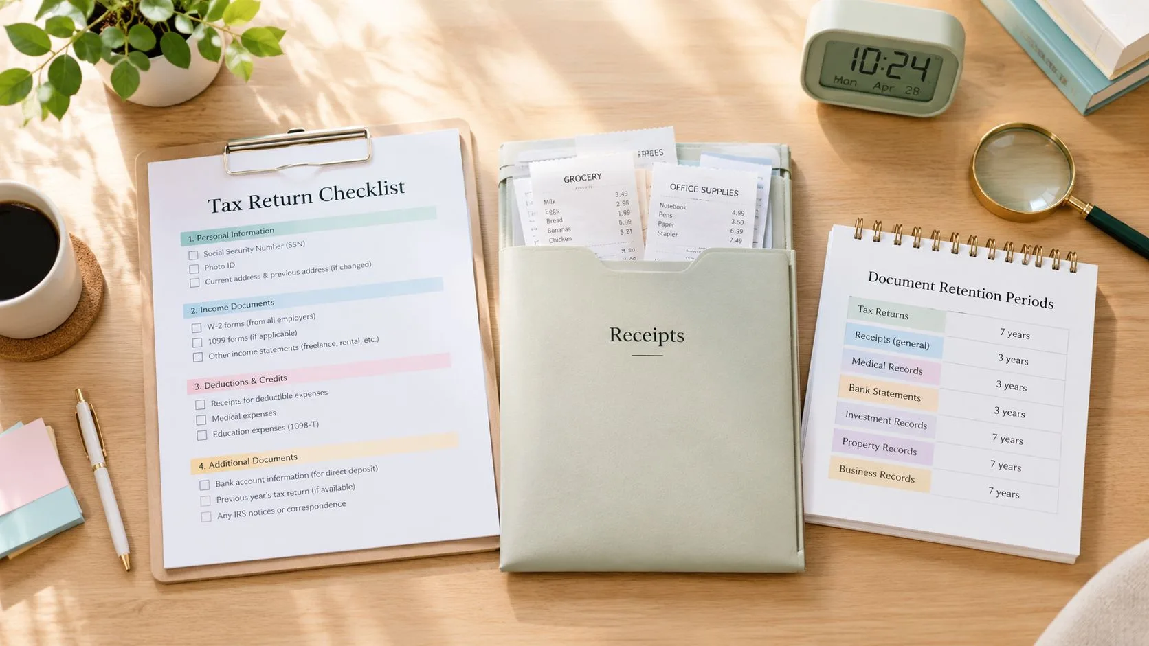 A flatlay of a tax return checklist, receipts folder, and document retention table on a wooden desk.
