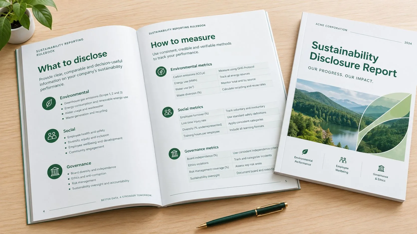 Open pages of a sustainability reporting rulebook next to a matching report brochure on a wooden desk.