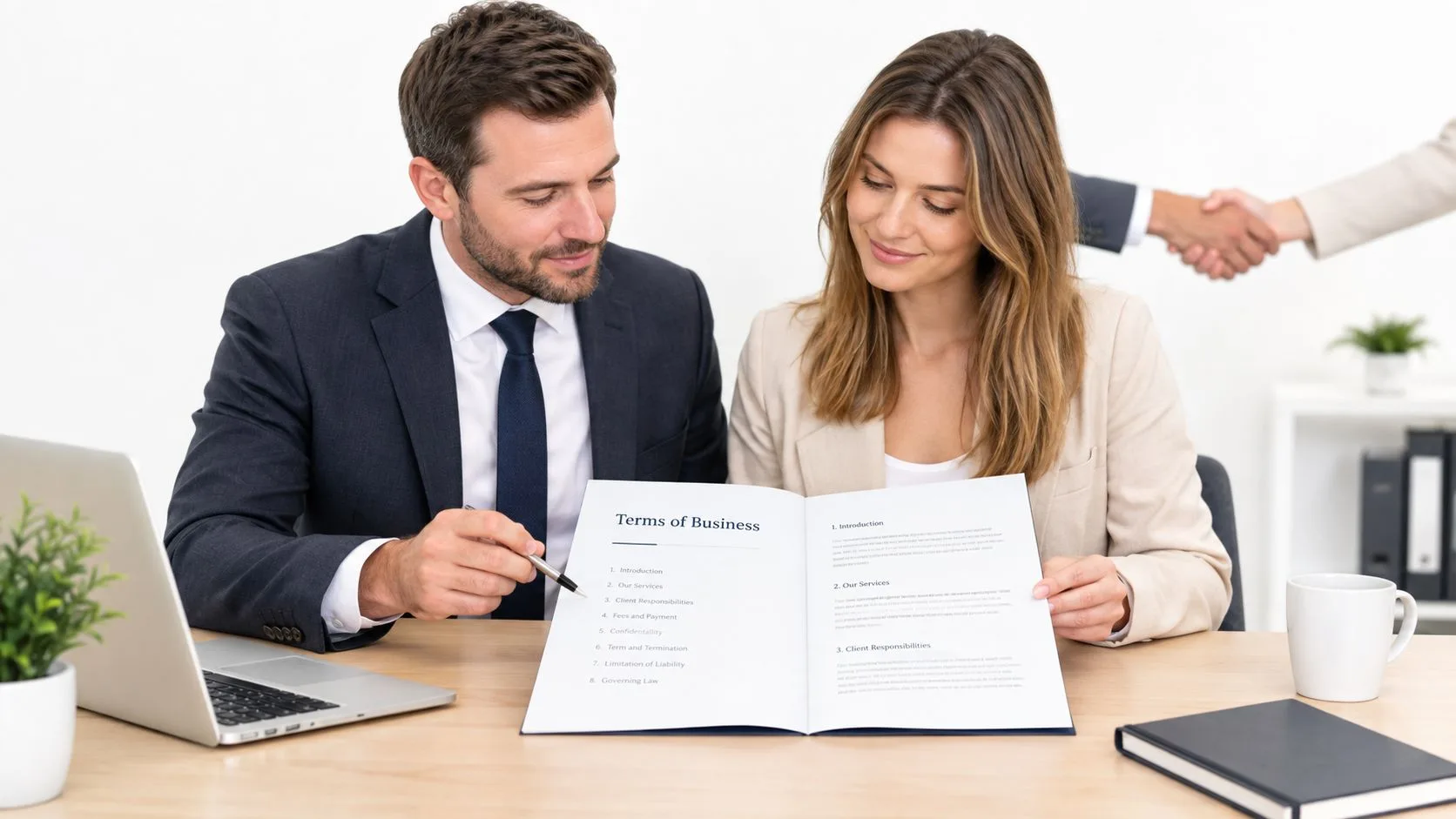 A professional man and woman discussing and pointing at a Terms of Business document in an office.