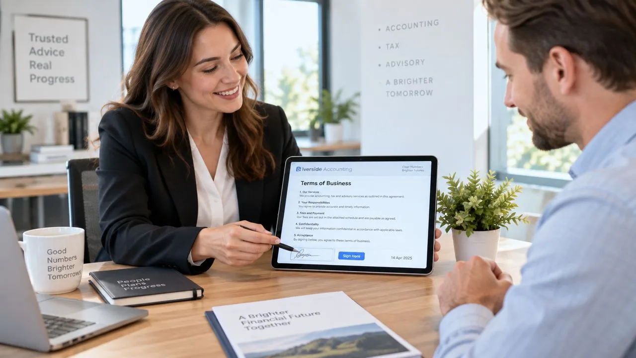A professional financial advisor showing a Terms of Business document on a digital tablet to her client.