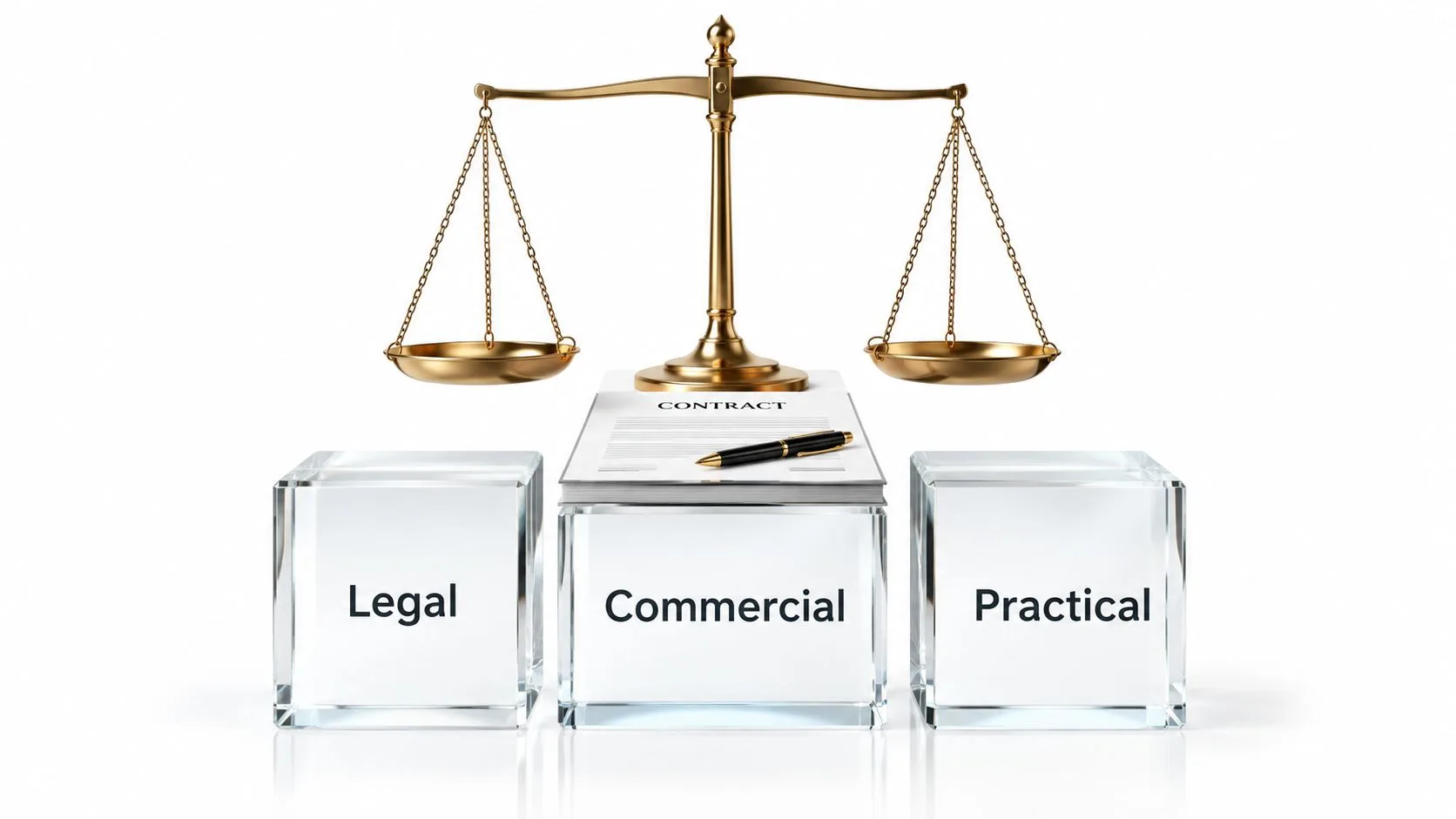 A golden scale of justice resting on a contract alongside cubes labeled legal, commercial, and practical.
