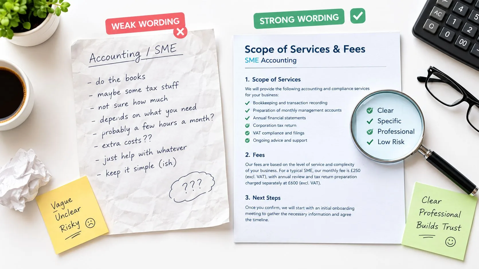 A comparison between a piece of paper with weak, vague business terms and a professionally drafted service agreement.