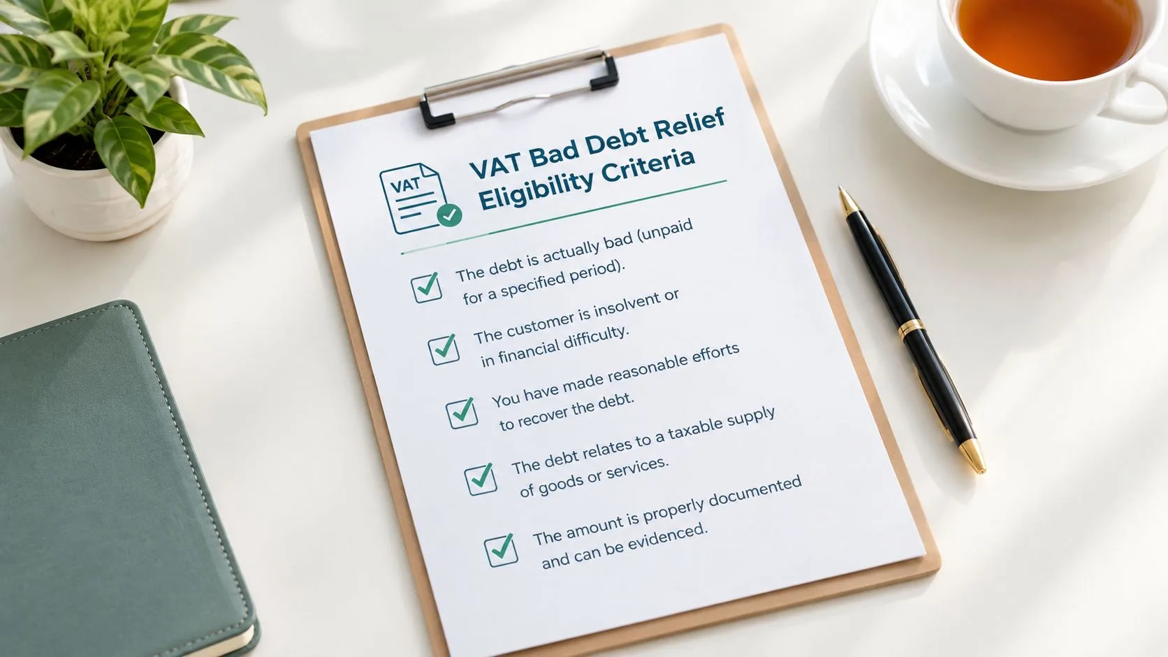 A clipboard featuring VAT bad debt relief eligibility criteria on a white desk with a pen and tea.