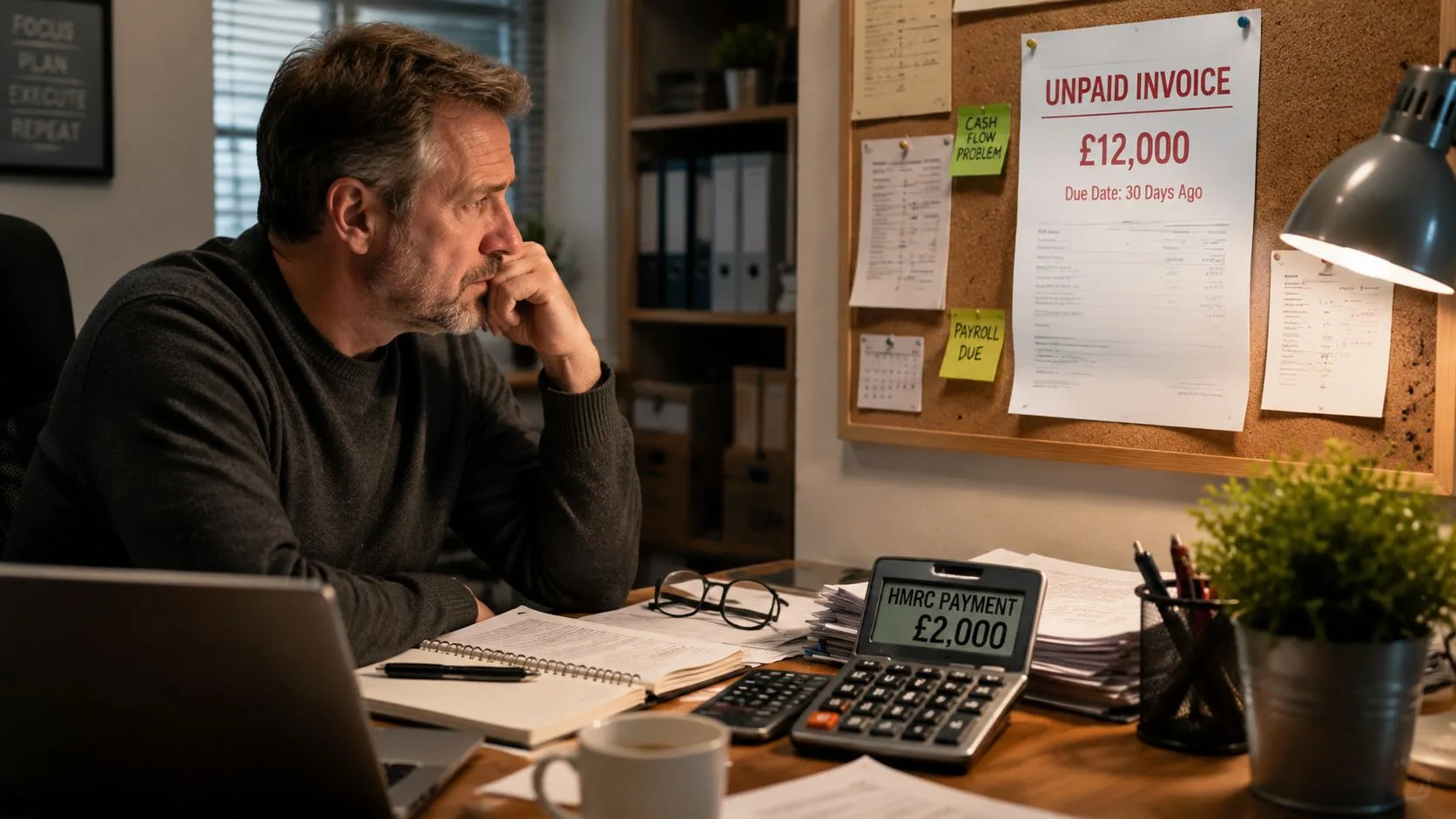 A stressed businessman sits at his office desk, overwhelmed by unpaid invoice and tax payment notices.