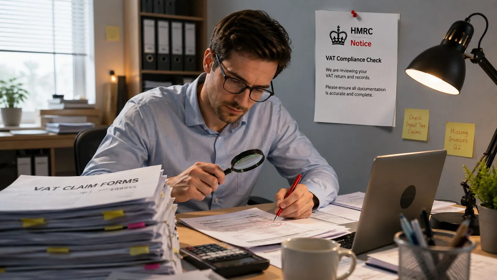 A focused man wearing glasses examines VAT claim forms with a magnifying glass at a desk.