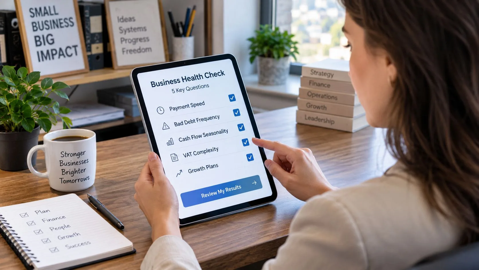 A professional woman using a digital tablet to complete an interactive business health check questionnaire.