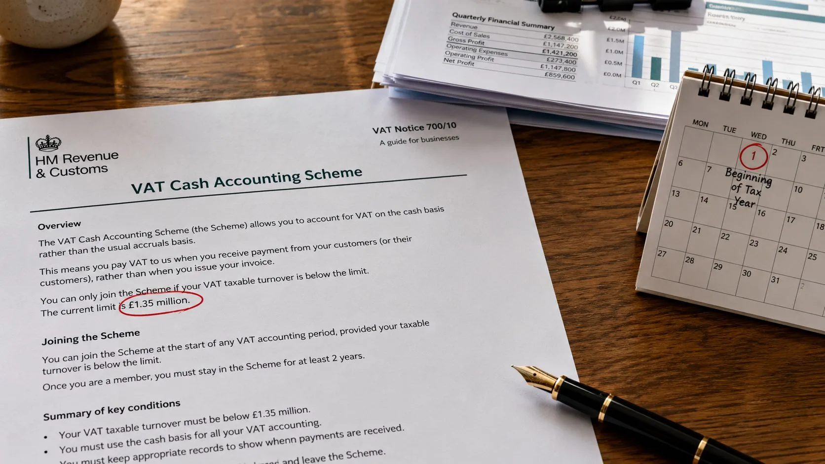 A document about the VAT Cash Accounting Scheme with a calendar and pen on a wooden desk.
